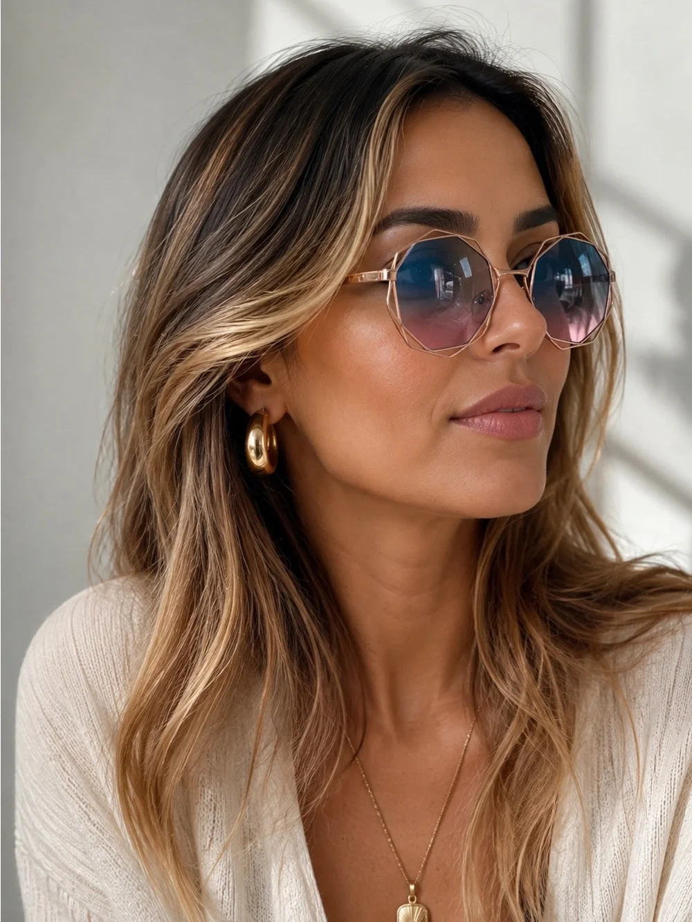 Rose Gold Geometric Oversized Sunglasses Pink Blue Gradient Lens